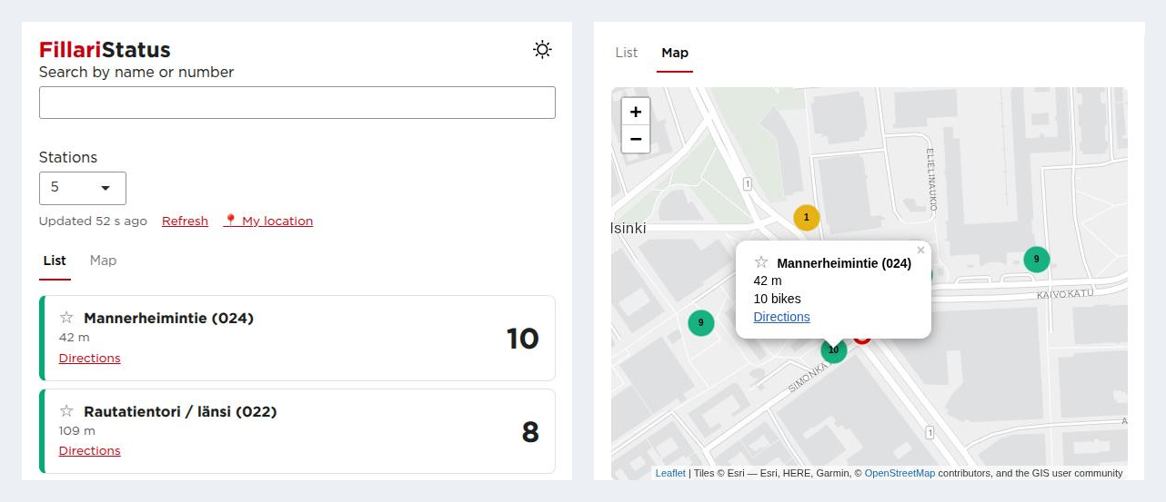 FillariStatus showing the nearest city bike stations as a list and on a map